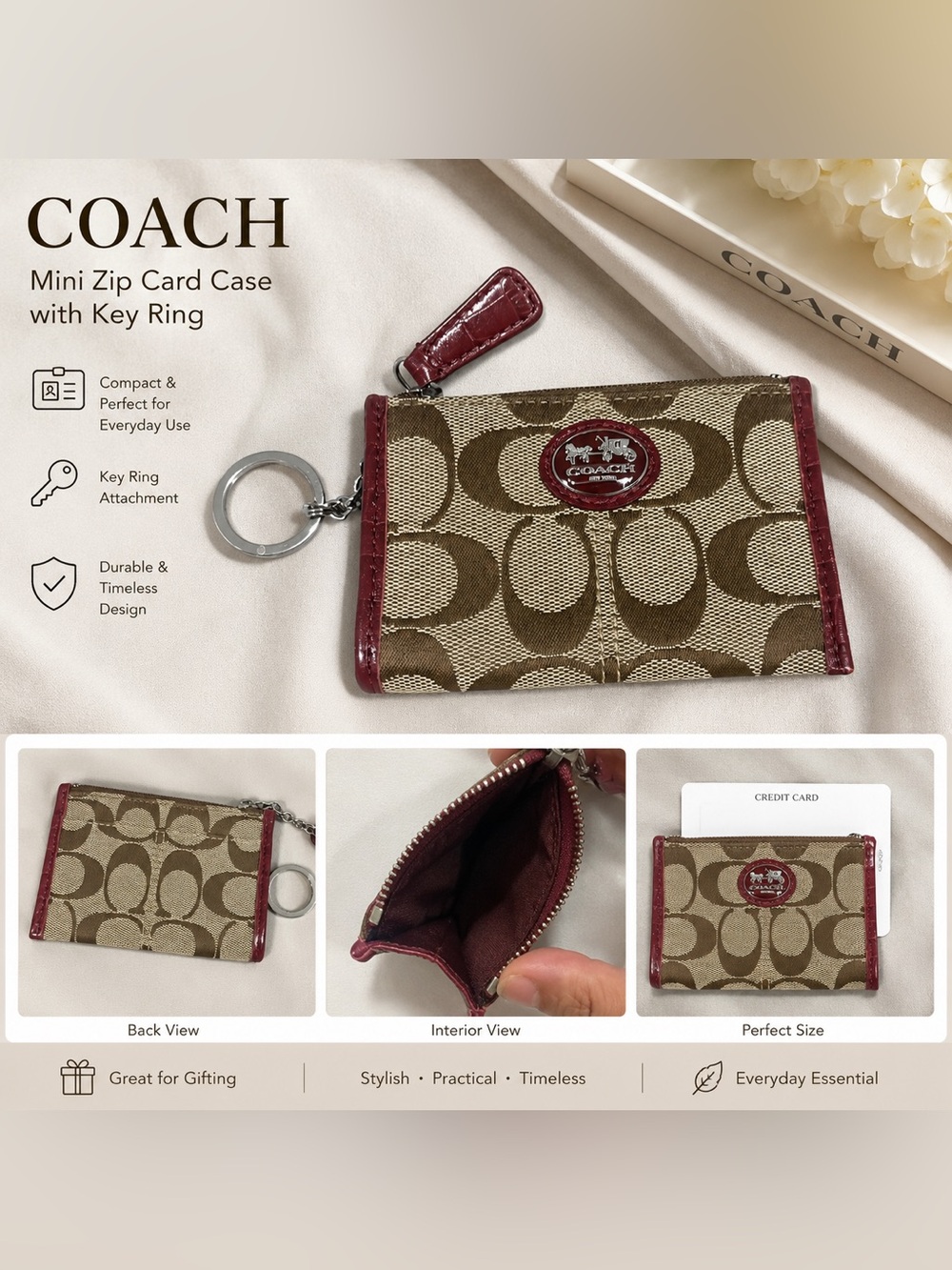 Coach Signature Zip Coin Purse & Key Ring Wallet – Khaki/Burgundy